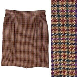 Vtg Wool Linen Silk Blend Multicolor Plaid Pleated Skirt Camel Tan Academia 16
